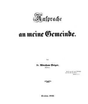 Ansprache an meine Gemeinde / von Abraham Geiger