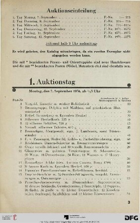 1. Auktionstag: Montag, den 7. September 1936, ab ½ 3 Uhr (Nr. 1-375)