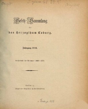 Gesetz-Sammlung für das Herzogtum Coburg. 1886 = Nr. 1060 - 1070