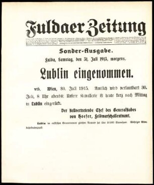 Erste Ausgabe vom Samstag, den 31. Juli 1915.