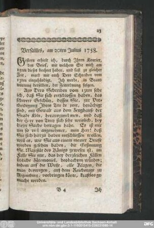 Versailles, am 20ten Julius 1758.