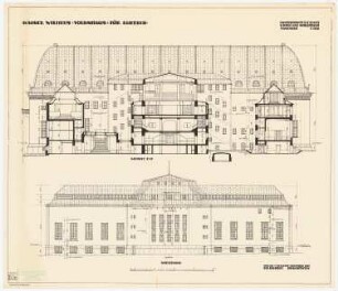 Kaiser-Wilhelm-Volkshaus für Lübeck: Aufriss Nordansicht (Rückansicht) 1:100, Maßstabsleiste; Aufriss der Hofseite des Eingangsbaus mit den Querschnitten durch Mitteltrakt und die Flügel 1:100, Maßstabsleiste