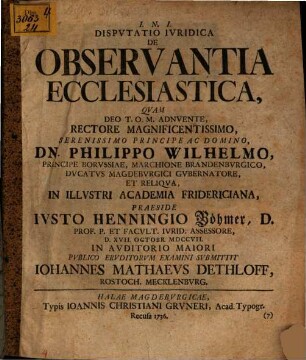 Dispvtatio Ivridica De Observantia Ecclesiastica