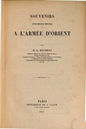 Souvenirs d'une mission médicale à l'armée d'Orient
