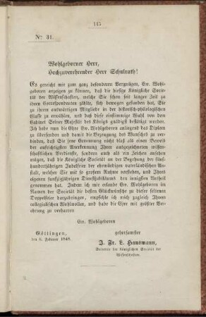 31. [Schreiben des Hofraths, als Secretair der Königl. Societät der Wissenschaften zu Göttingen]