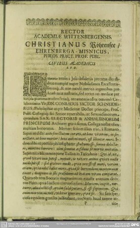 Rector Academiae Wittenbergensis Christanus Röhrensee, Ehrenberga-Misnicus, Philos. Pract. Prof. Publ. Civibus Academicus