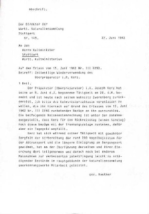Abschrift des Erlasses zur Zeitweiligen Wiederverwendung des Oberpräparators i. R. Kerz