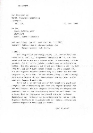 Abschrift des Erlasses zur Zeitweiligen Wiederverwendung des Oberpräparators i. R. Kerz