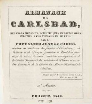 Almanach de Carlsbad ou mélanges médicaux, scientifiques et littéraires, relatifs à ces thermes et au pays, 12. 1842