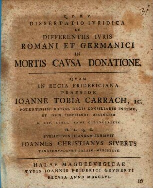 Diss. iur. de differentiis iuris Romani et Germanici in mortis ausa donatione