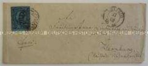 Briefumschlag von Moritz Degen an Anna Lindenberg, mit Briefmarke und Poststempeln; Leipzig, 17. Aug. 1858