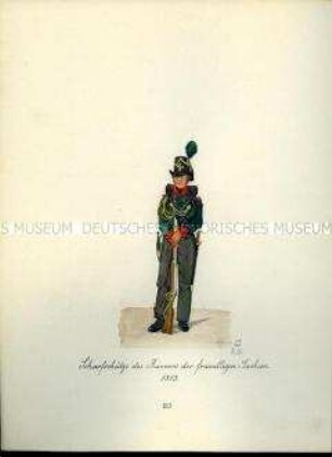 Uniformdarstellung, Scharfschütze des Banners der Freiwilligen Sachsen, 1813. Aus: Sammelmappe "Sachsens Militär", Königliche Arsenalsammlung.