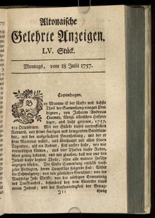 LV. Stück. Montags, vom 18 Julii 1757