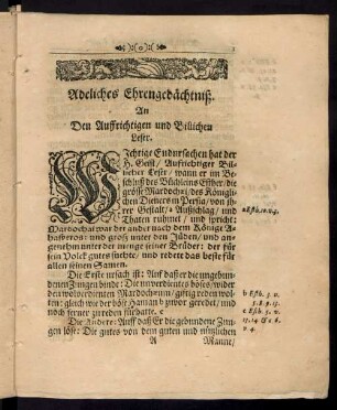 Adeliches Ehrengedächtniß. An Den Auffrichtigen und Billichen Leser.