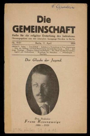 Nr. 19/20, 11. April 1930: Die Gemeinschaft : Hefte für die religiöse Erstarkung des Judentums