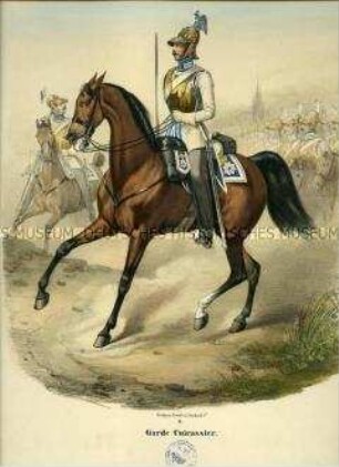 Uniformdarstellung, Reiter, Kürassiere des Garde-kürassier-Regiments zu Pferd, Preußen 1843/1845. Aus: Sachse: Das Preussische Heer. Tafel 3.