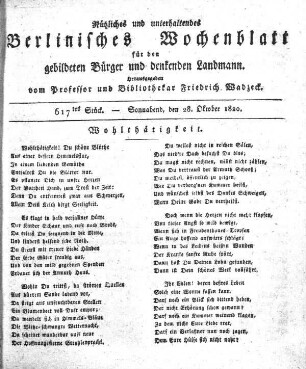 617tes Stueck, Sonnabend, den 28. Oktober 1820