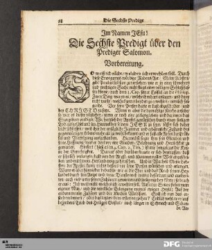 Die Sechste Predigt über den Prediger Salomon.
