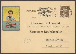 Werbepostkarte Hermann G. Thorvest, Vertreter der "Gebrüder Stollwerck A. G.", Yorckstraße 90