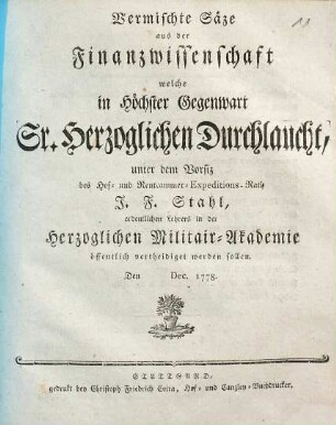 Vermischte Säze aus der Finanzwissenschaft