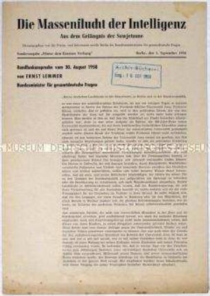 Sonderdruck mit dem Wortlaut einer Rundfunkrede von Ernst Lemmer zur Massenflucht von Angehörigen der Intelligenz aus der DDR