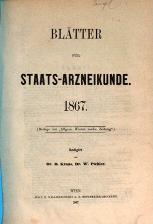 Blätter für Staatsarzneikunde. 1867