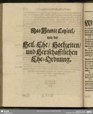 Das Neunte Capitel, von der Heil. Ehe, Hochzeiten, und Herrschafftlichen Ehe-Ordnung