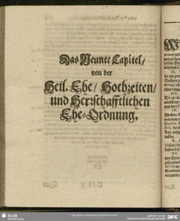 Das Neunte Capitel, von der Heil. Ehe, Hochzeiten, und Herrschafftlichen Ehe-Ordnung