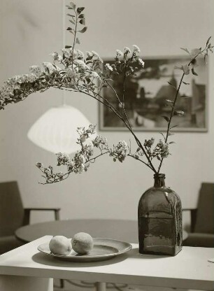 Musterwohnzimmer (1962; Deutsche Bauakademie). Beistelltisch mit Obstteller und Glasflasche mit Blütenzweig