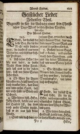 Geistliche Lieder Zehender Theil. Begreifft in sich die Andacht eines sein Christliches Tage-Werck beschliessenden Christen.