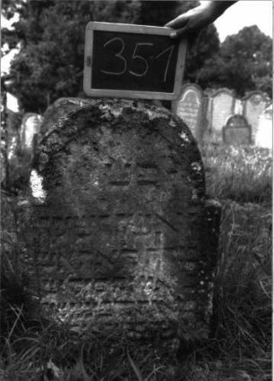 Grabstein 351 (Index: 100103045) Material: Sandstein Zustand: stark verwittert, eingesunken, teilweiser Textverlust Maße HxBxT: 77x55x10 cm Beschreibung: Stele, eingezogener Rundbogenabschluss, Schriftfeld eingetieft: Grabstein 351
