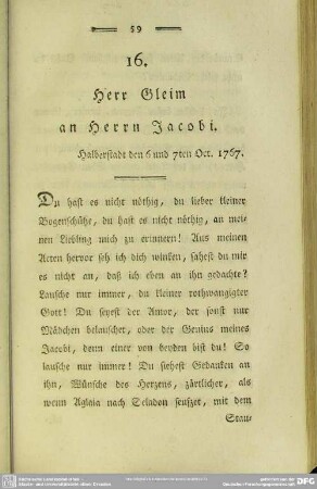 16. Herr Gleim an Herrn Jacobi. Halberstadt den 6 und 7ten Oct. 1767