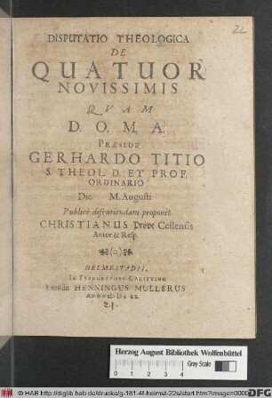 Disputatio Theologica De Quatuor Novissimis