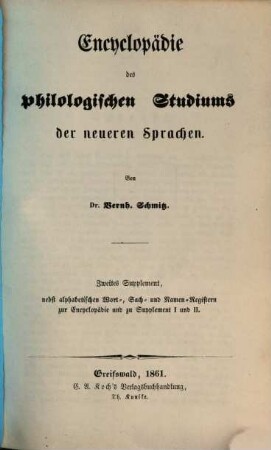 Encyclopädie des philologischen Studiums der neueren Sprachen, hauptsächlich der französischen und englischen, [3]. Zweites Supplement