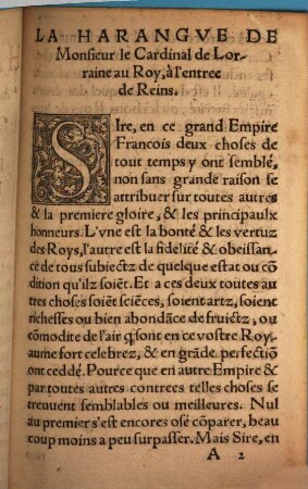 La Harangve Au Roy nostre Sire Charles neufuiesme faite à l'entree de sa ville de Reins