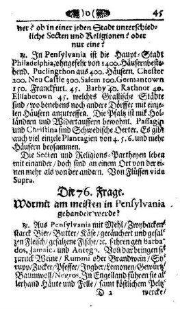 Die 76. Frage. Wormit am meisten in Pensylvania gehandelt werde ?