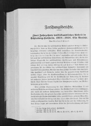 Forschungsberichte. : Zwei Jahrzehnte volkskundlicher Arbeit in Schleswig=Holstein. 1918-1938. Ein Bericht.