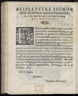 Dedikation an Cavaliere Hieronimo Michelozzi von Cristofano Malvezzi, Venedig 15. März 1584