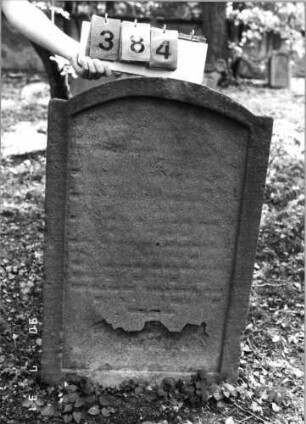 Grabstein 384 (Index: 99790802) Zustand: verwittert Maße HxBxT: 95x61x8 cm: Grabstein 384