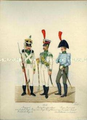 Uniformdarstellung, Sergeant vom Infanterie-Regiment Prinz Friedrich August, Bataillonstambour vom Regiment Prinz Clemens, Sous-Leutnant vom Grenadier-Bataillon von Liebenau (in Interims-Uniform), Sachsen, 1811.