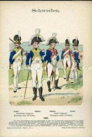 Uniformdarstellung, Gemeine und Offiziere der Ersten und Zweiten Leibgarde, Königreich Schweden, 1807.