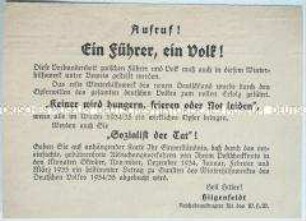 Handzettel mit dem Aufruf zu Spenden für das Winterhilfswerk
