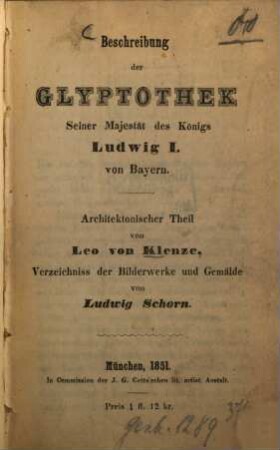 Beschreibung der Glypothek Seiner Majestät des Königs Ludwig I. von Bayern