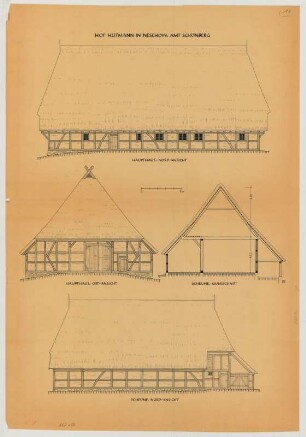 Neschow (Kreis Schönberg): Hof Heitmann. - Haupthaus (Nordansicht, Ostansicht). - Scheune (Nordansicht, Querschnitt)