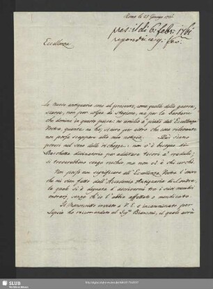 Mscr.Dresd.App.3140,11. - Eigenh. Brief von Johann Joachim Winckelmann an Graf Wackerbarth-Salmour, Rom, 25. Januar 1761