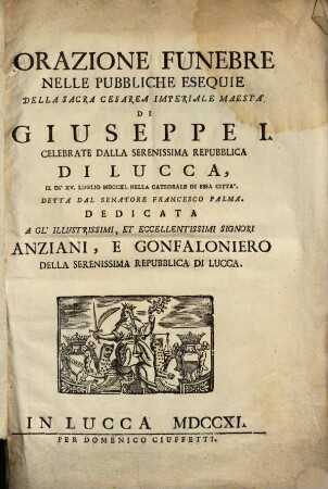 Orazione funebre nelle publ. esequie della Maestà di Giuseppe I