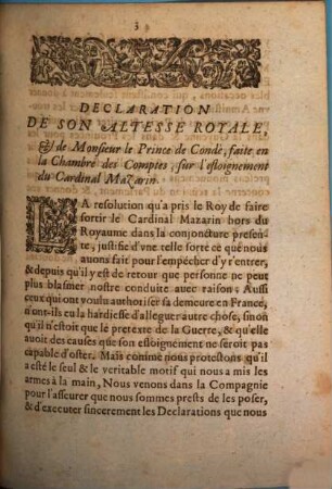 Declaration de son Altesse Royale et de Monsieur le Prince de Conde faite en la chambre des comptes sur l'esloignement du Cardinal Mazarin