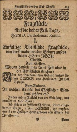 Fragstücke, Auf die hohen Fest-Tage, Herrn D. Bartholomæi Rosini