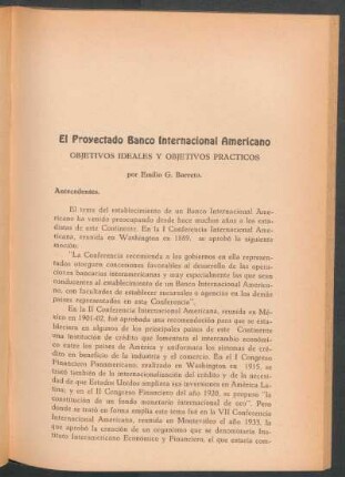 El proyectado Banco Internacional Americano : Objetivos ideales y objetivos prácticos
