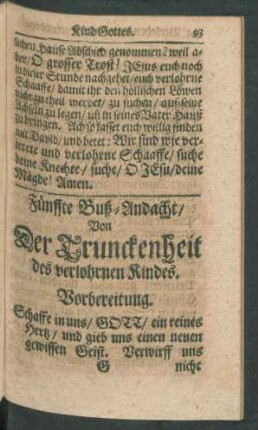 Fünffte Buß-Andacht/ Von der Trunckenheit des verlohrnen Kindes